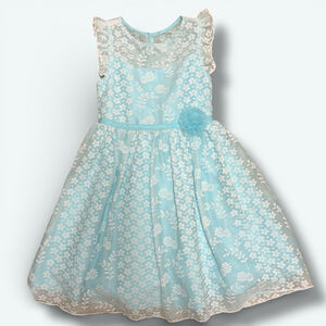 Jana Michelle Girls Lace Party Formal Dress Blue Floral Tulle Ruffle Size 5